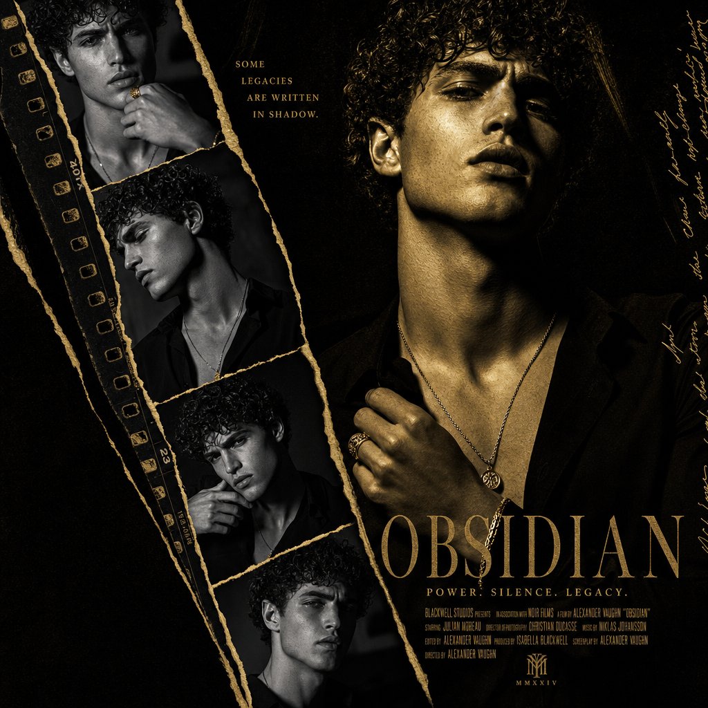 Design a high-end cinematic collage poster using torn diagonal film strips
