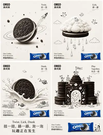 Oreo 2x2 grid advertising poster with playful doodles