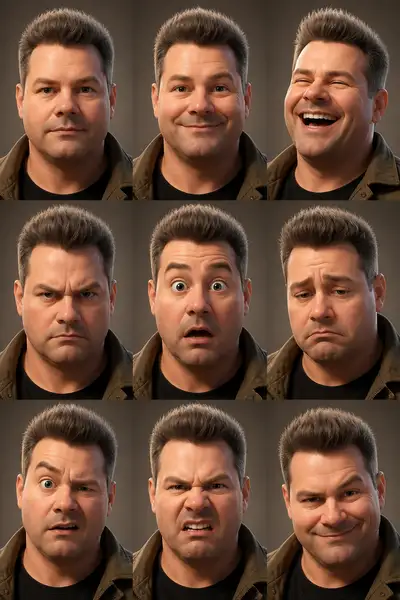 3x3 facial expression sheet for stylized 3D character prompt