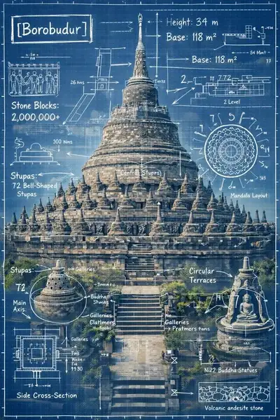 Blueprint-style infographic overlay on a landmark photo