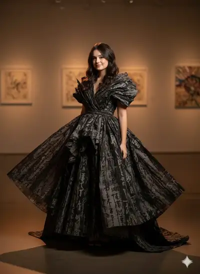 Art-couture portrait with a calligraphy-fabric gown