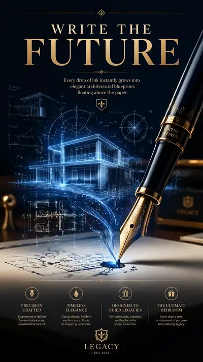 Luxury fountain pen blueprint ad concept