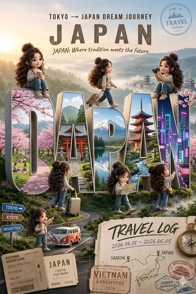 Miniature Fantasy Travel Ad for Japan With Chibi Characters
