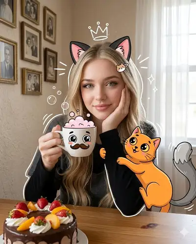 Whimsical cozy portrait with a cartoon cat and mug