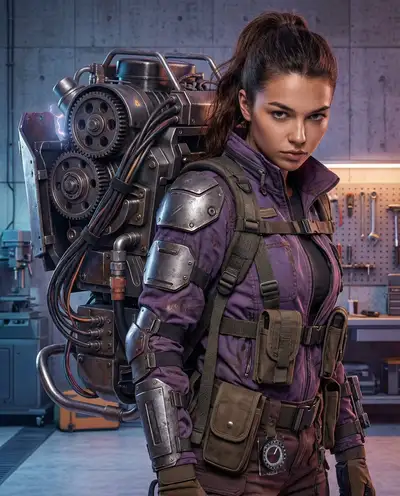 Cyberpunk mechanic portrait with mechanical exosuit backpack
