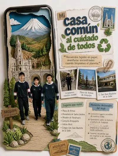 Arequipa paper diorama travel poster, Spanish prompt
