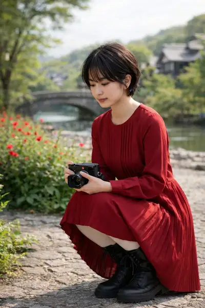 Woman in Garden with Camera