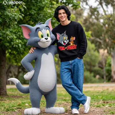 De pé ao lado de um personagem antropomórfico do gato Tom