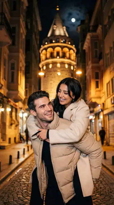 Photorealistic Couple at Galata Tower Night