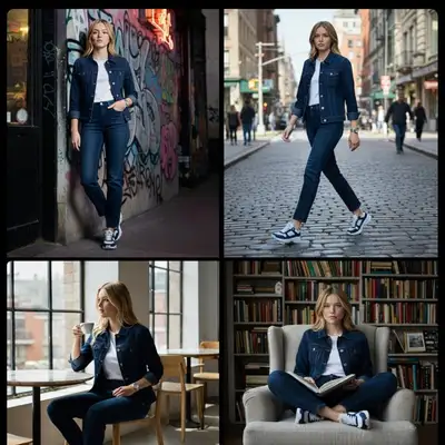Navy fashion photoshoot leaning on a bean bag