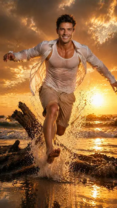 Cinematic Action Portrait: Leaping Hero on Beach