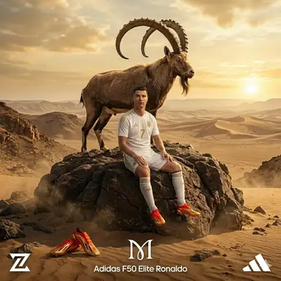 Cinematic Desert Sports Ad with Football Player and Ibex