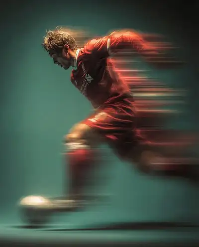 Panning shot of a soccer player mid-air kicking a ball