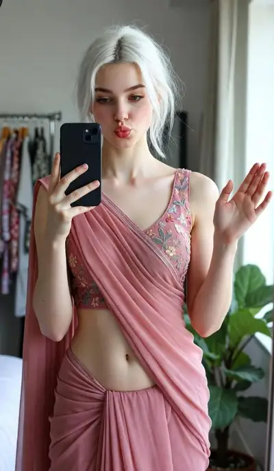 Selfie no espelho com sari pastel e estética OOTD de influenciadora