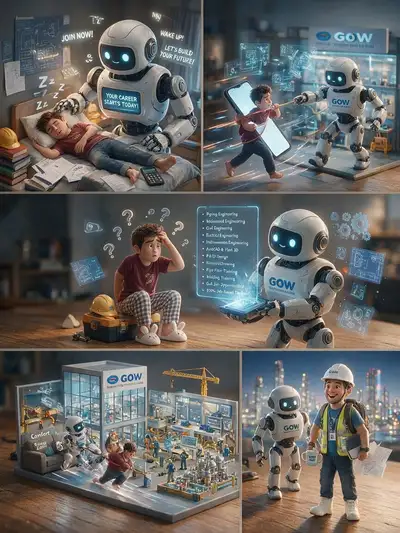 Five-panel miniature diorama ad for an engineering academy