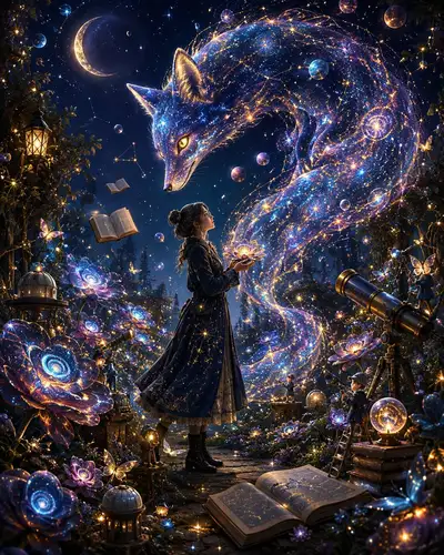 Astronomer's Secret Garden: Cinematic Fantasy Image