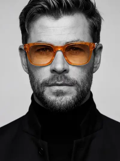 Monochrome studio headshot with colored amber glasses