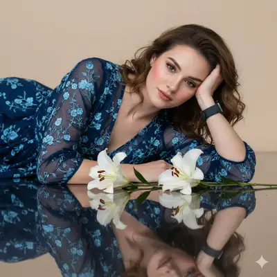 Elegant Woman with Lilies on Reflective Surface