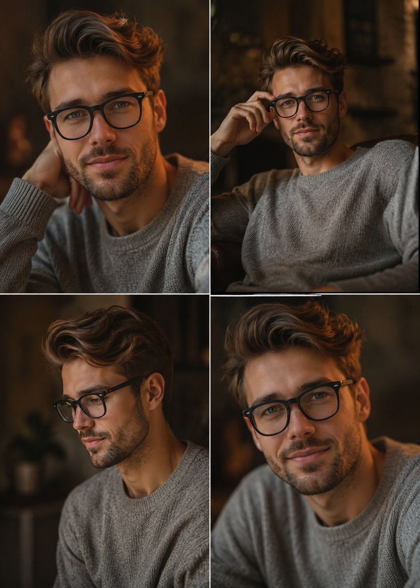 Ultra-realistic cinematic editorial collage in 4 frames featuring a man in an