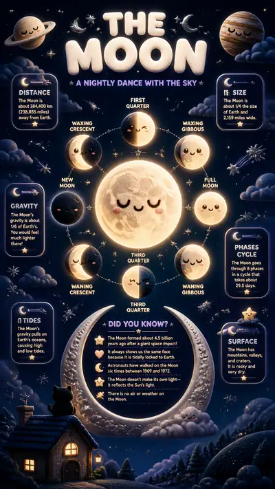 Kawaii 3D infographic poster about the moon and its phases
