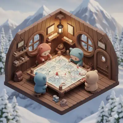 Kawaii chibi bears mapping mountain snow trails diorama
