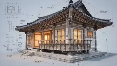 Filmische 3D-Visualisierung eines koreanischen Hanok-Hauses