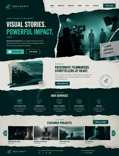 Torn paper style website design in teal-green UI theme