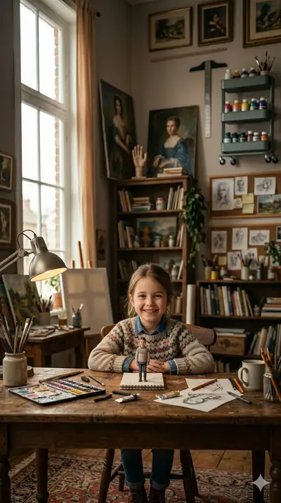 Young girl in artist's studio with miniature figurine