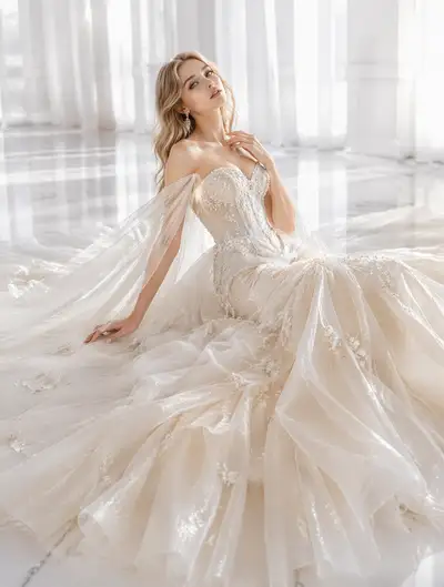 Ivory pearl couture gown editorial reclining in a white studio