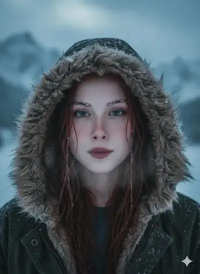 Rugged Female Explorer in Snowy Wilderness