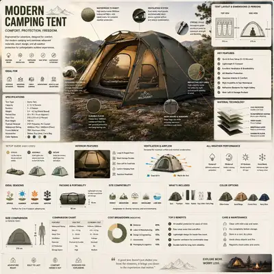 Premium camping tent infographic reference-style poster