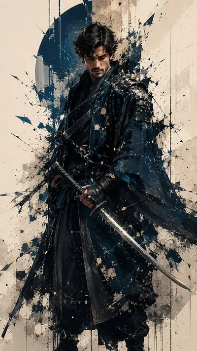 Abstraktes Cyber-Samurai-Porträt aus einem Referenzfoto
