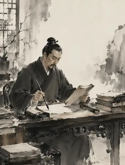 Chinese ink painting of a patent examiner writing with a brush