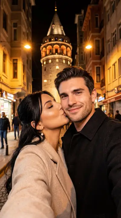 Photoreal Night City Romance Selfie with Landmark