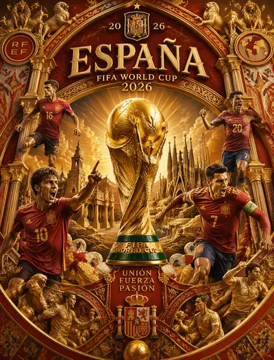 Spain World Cup 2026 baroque trophy poster with mosaic patterns