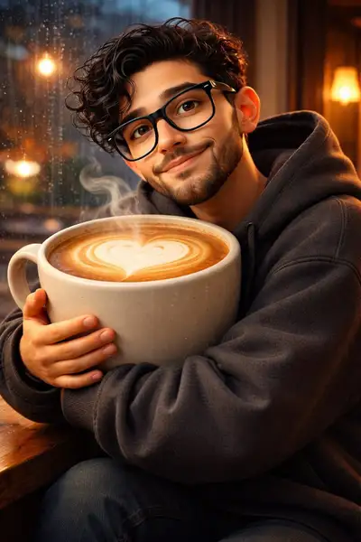 Dreamy 3D Boy with Latte in Rainy Cafe