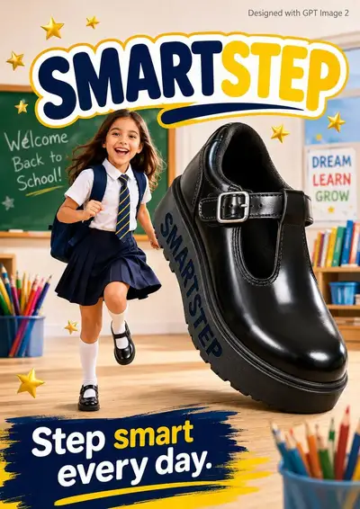 Back to school advertisement with a giant shoe mascot