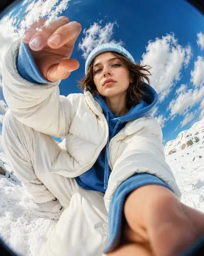 Fisheye Streetwear Portrait in Snowy Landscape