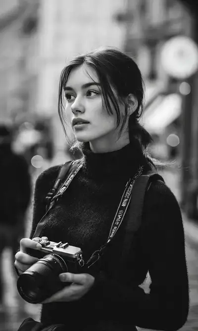 Black and white street portrait of a woman photographer