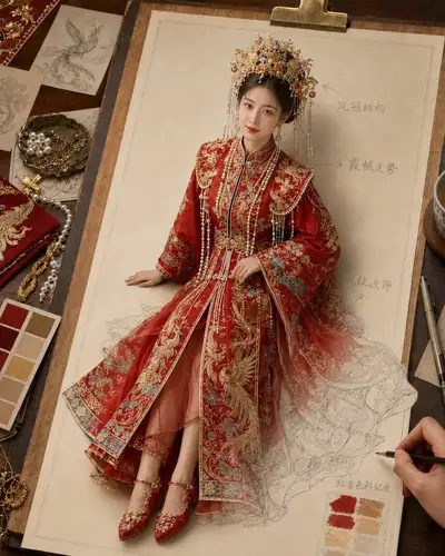 Chinesisches Hochzeitskleid erwacht aus einer Skizze zum Leben
