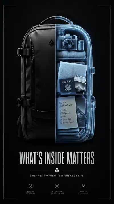 Backpack with X-ray view of travel essentials ad