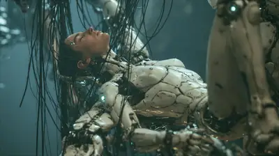 Figure androïde suspendue dans la brume avec des câbles d'interface neuronale cyan