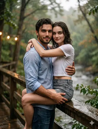 Rainy-day couple portrait prompt for your own faces