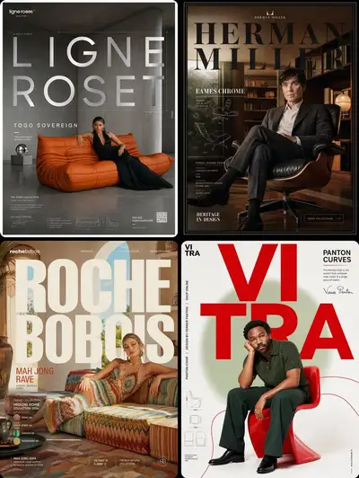 Luxury furniture brand campaign posters with celebrity models