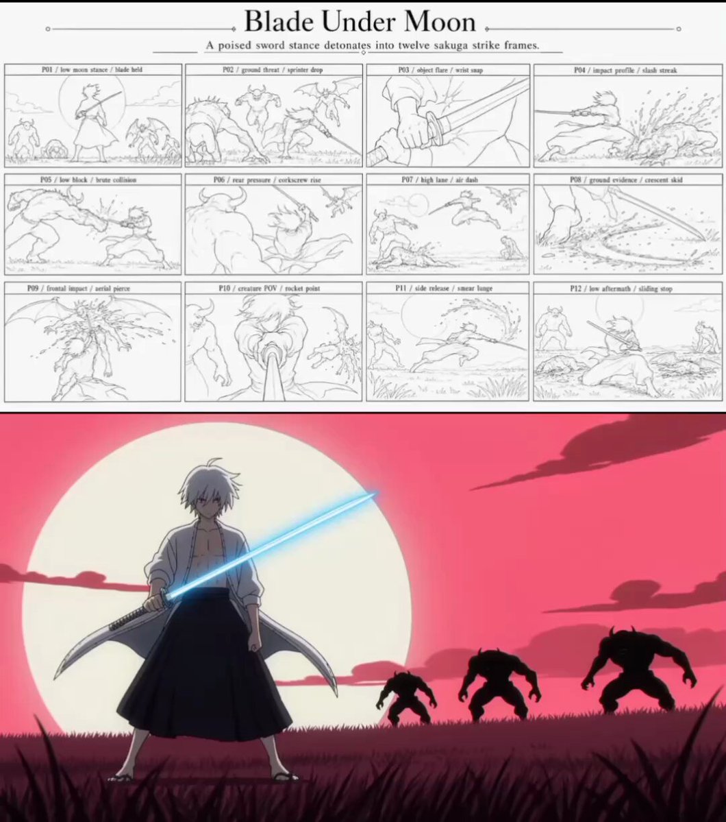 Sword-combat storyboard sheet with anime action video prompt