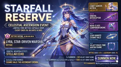 Premium gacha lootbox drop advertisement, STARFALL RESERVE