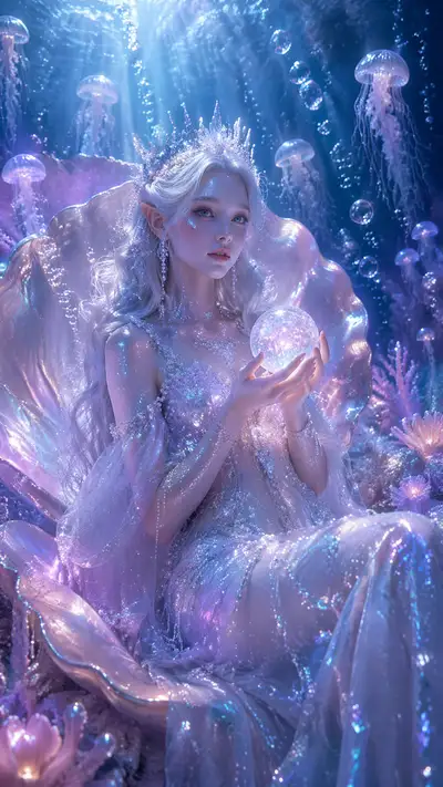 Fantasy underwater CG portrait of an ocean elf on a pearl throne