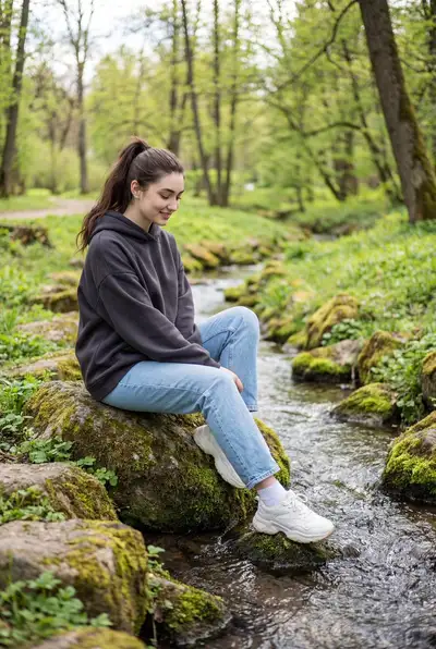 Retrato de estilo de vida ultrarealista junto a un arroyo
