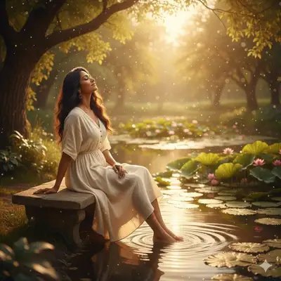Tranquil golden-hour portrait of a woman by a pond
