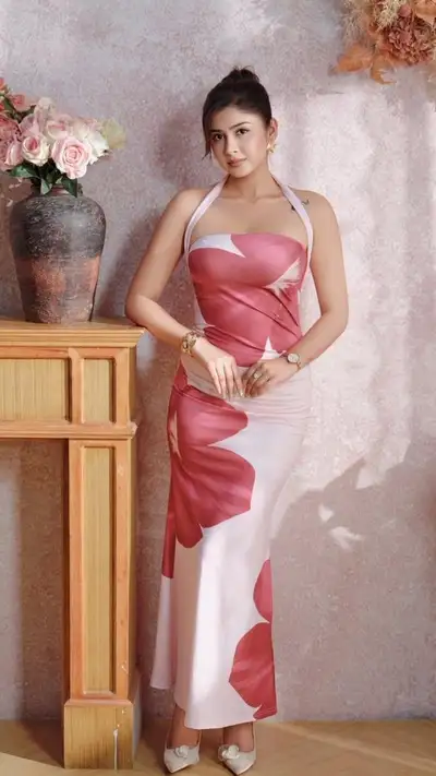 Elegant South Indian Woman in Satin Dress
